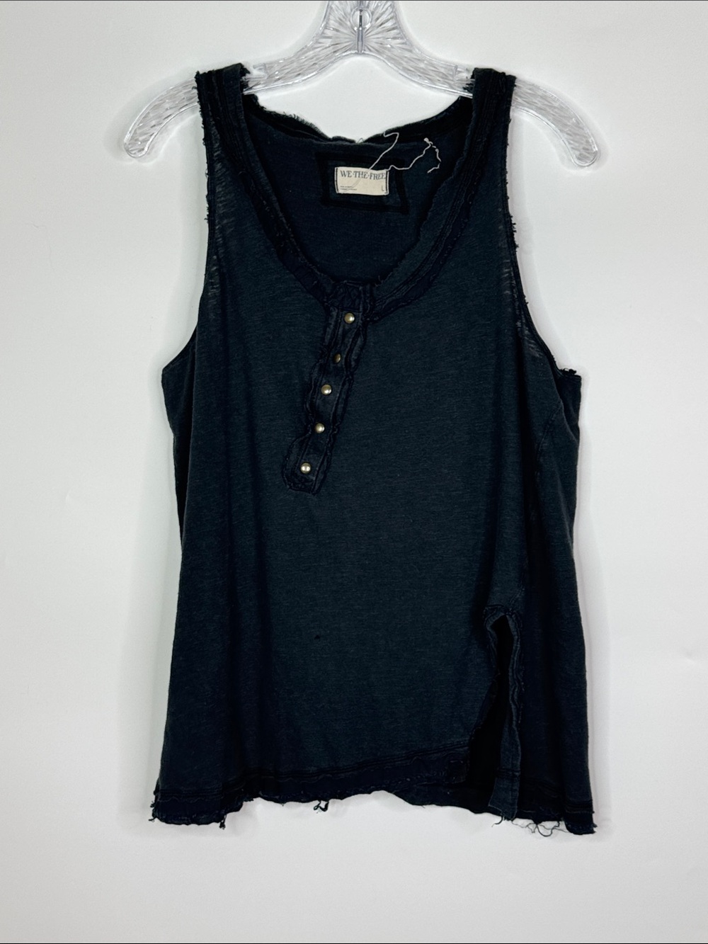 Free People Dark Navy Distressed Henley Tank Top Size Large